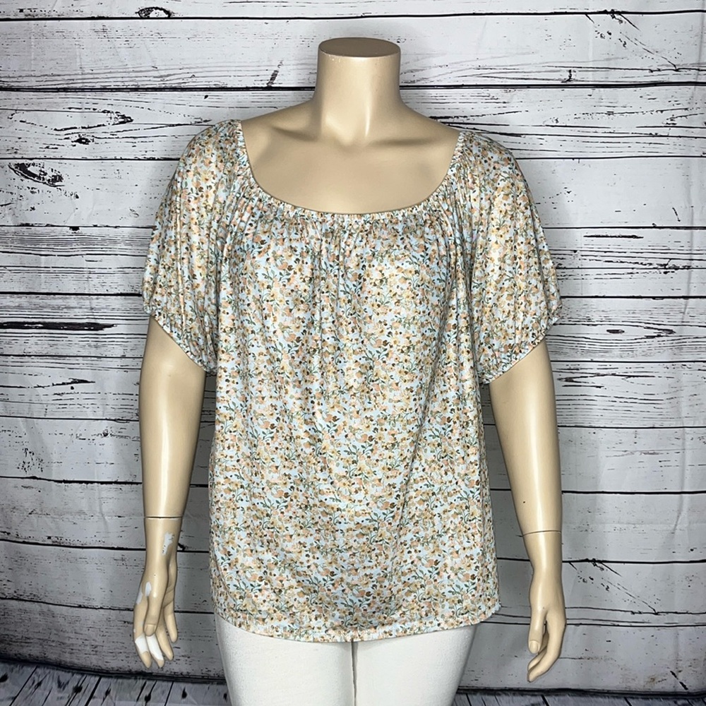 Lane Bryant Size 26/28 Blue & Pink Floral Print Elastic Neckline Mesh Blouse Top